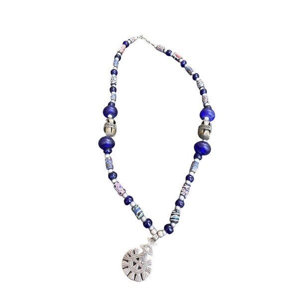 Handmade Blue Beaded Necklace with Silver Pendant Unique Artisan Jewelry Bohemia - Picture 3 of 11